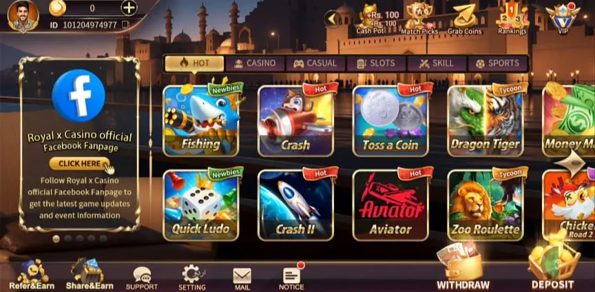 Royal X Casino Game interface screenshot image.