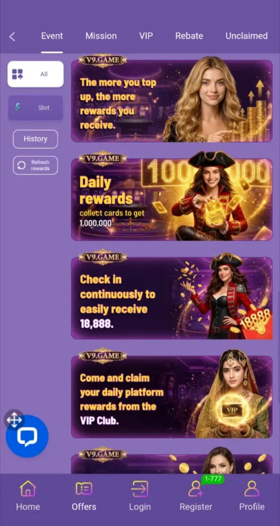 V9999 Game VIP reward and bonus system.