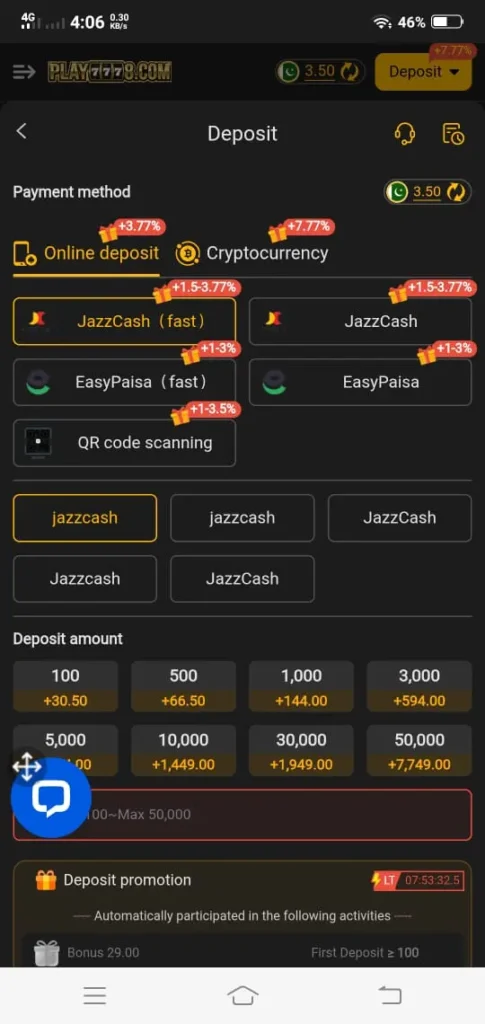 deposit and withdraw in play7778 app