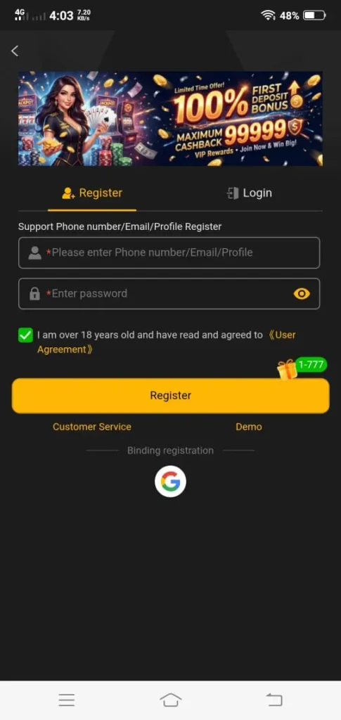 register and login in play7778 app