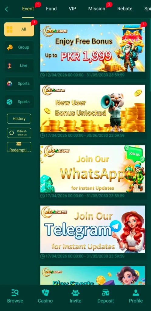 2GO Game  Users receive bonuses for daily logins and activity.