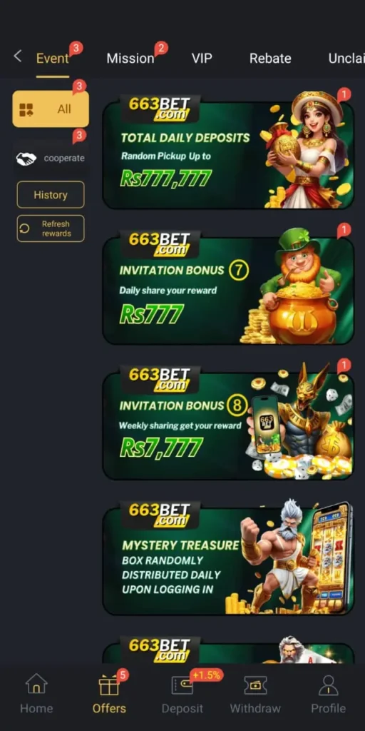 663bet Game bonuses and promotion system.