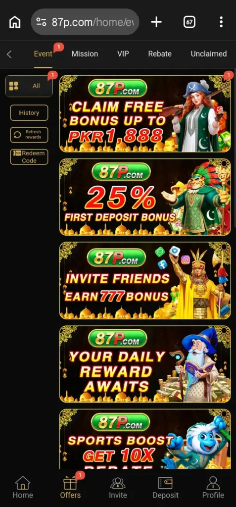 87P Game offers daily login bonuses, special promotions, and referral rewards.