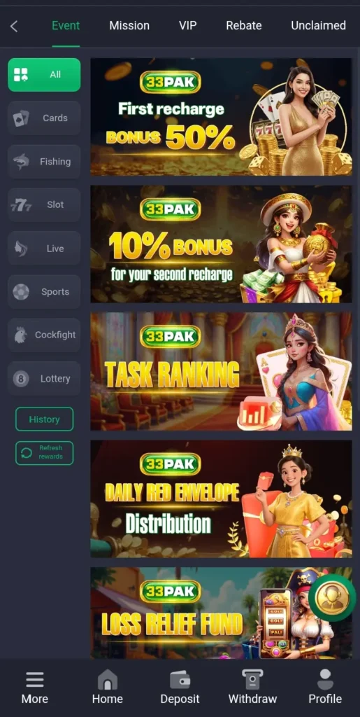 33PAK Game first recharge bonus 50%.