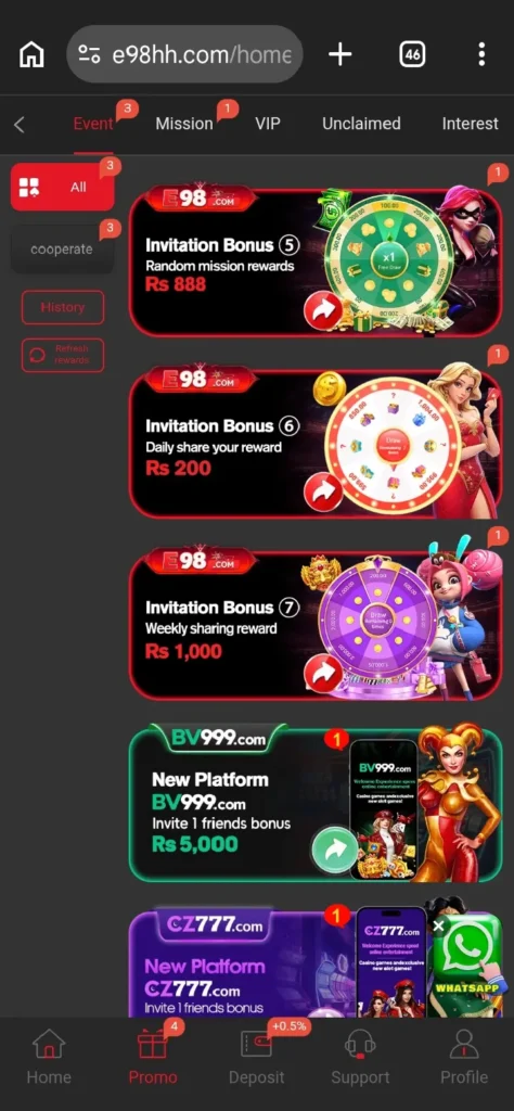 E98 Game receive extra chips and bonus rewards whenever they make a deposit.