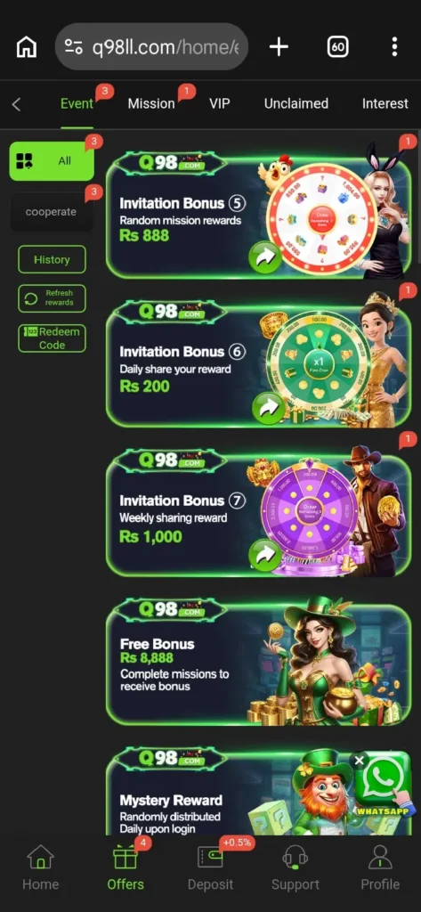 Q98 Game daily share your rewards & bonuses.