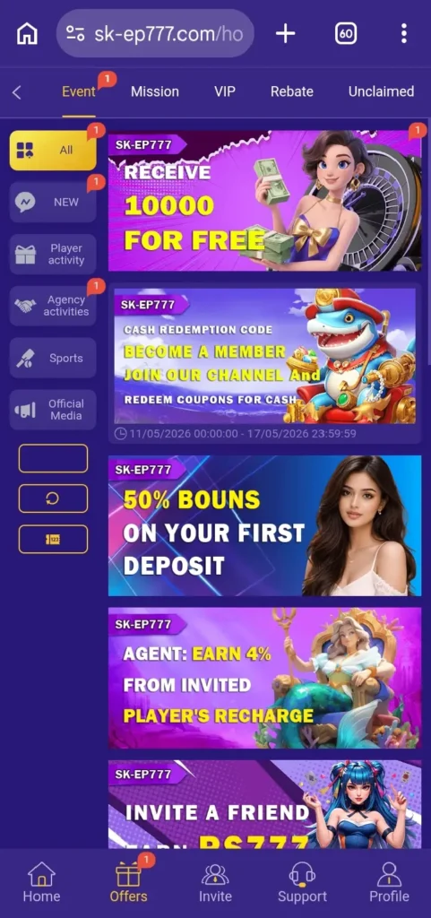 The SK-EP777 Game earning app offers daily rewards, bonuses, and promotional gaming benefits.
