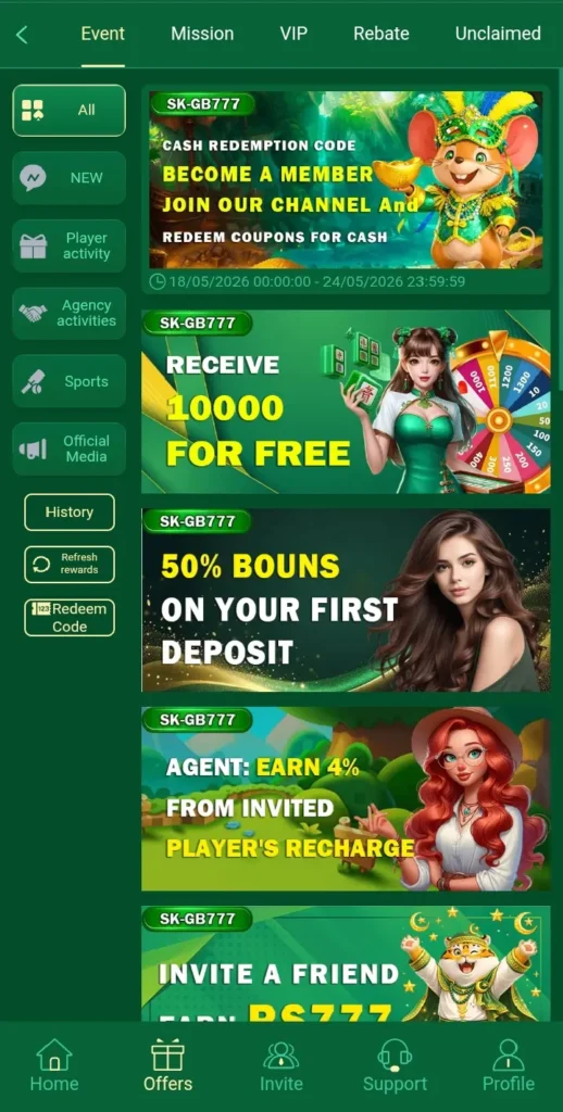 SK-GB777 Game can receive daily login bonuses and promotional rewards regularly.