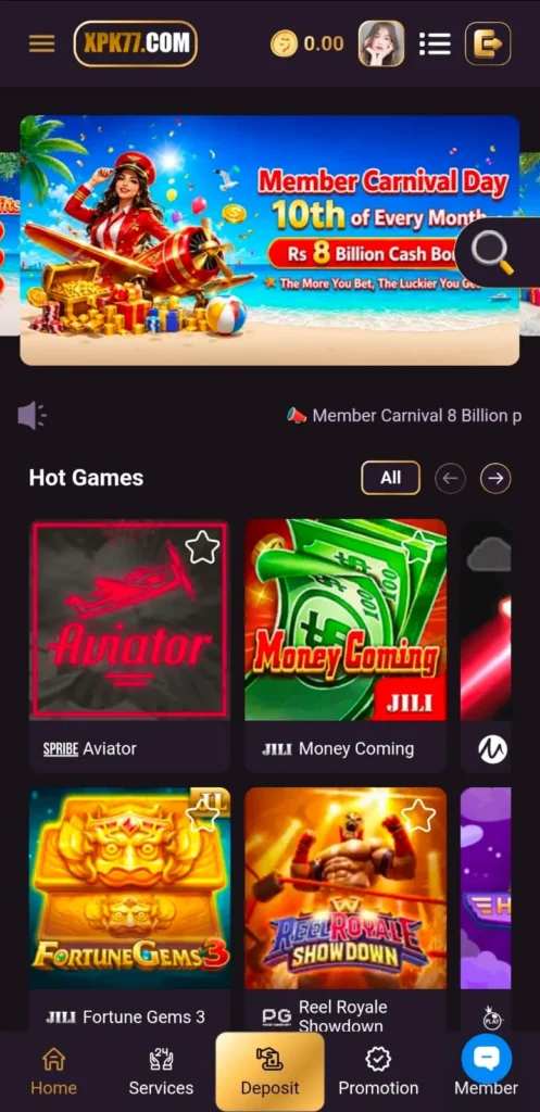 XPK777 Game dashboard screenshot image.