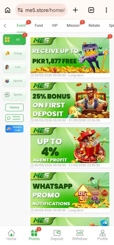 ME5 Game VIP Bonuses App Inn Pakistan.