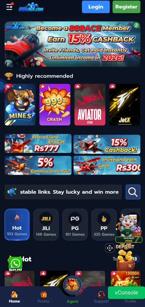888ACE Game login interface screenshot image.